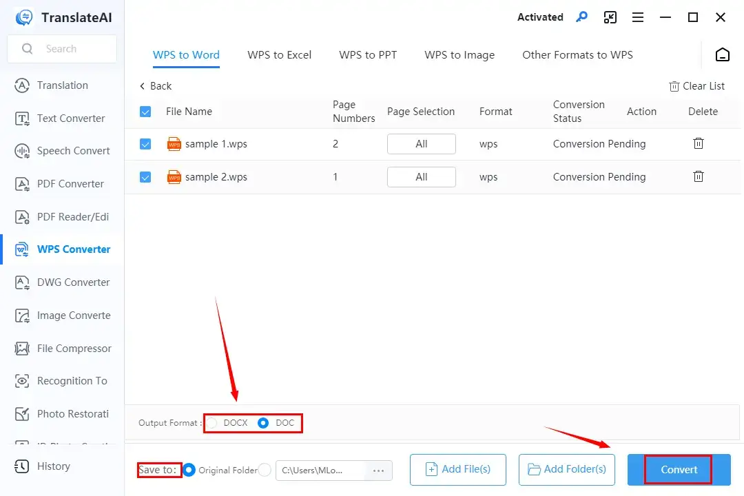 how to convert wps to word in workintool translateai