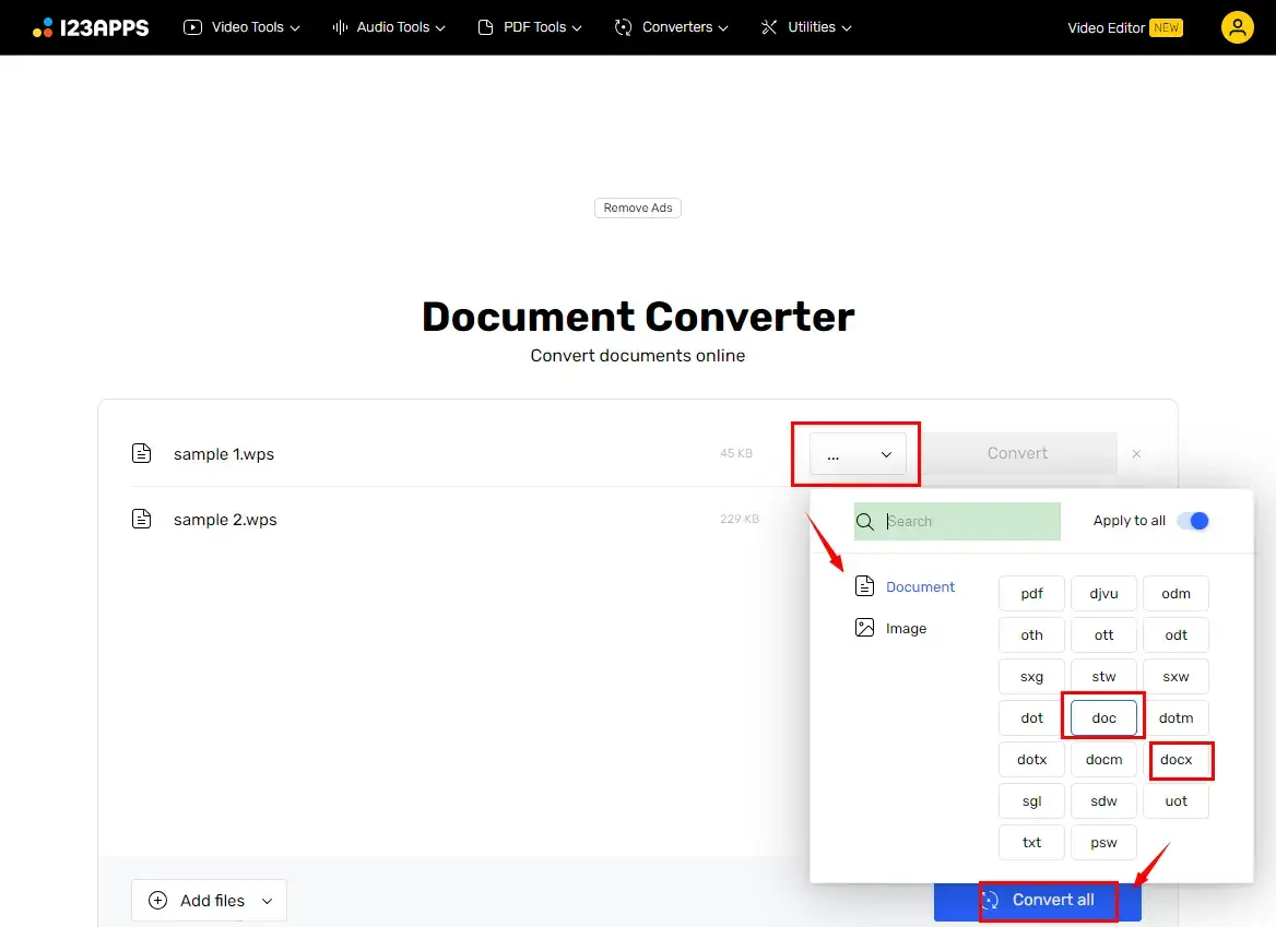 how to convert wps to word online in 123 apps document converter