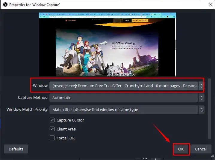 how to screen record crunchyroll on obs 1