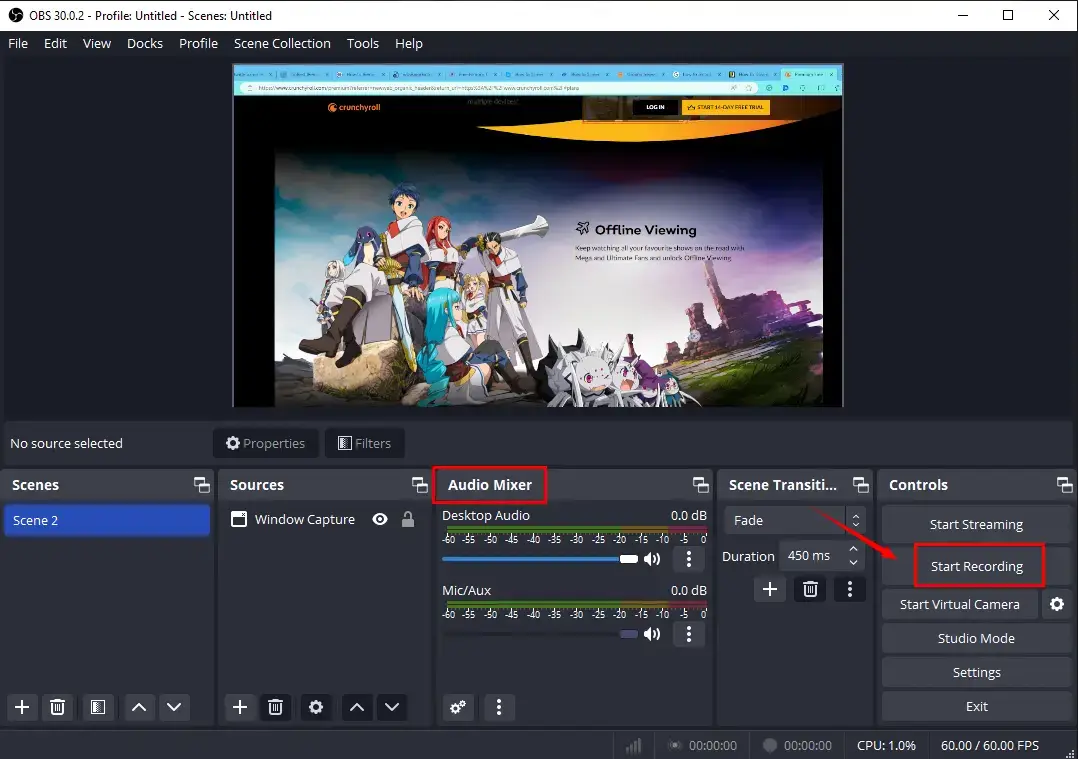 how to screen record crunchyroll on obs 2