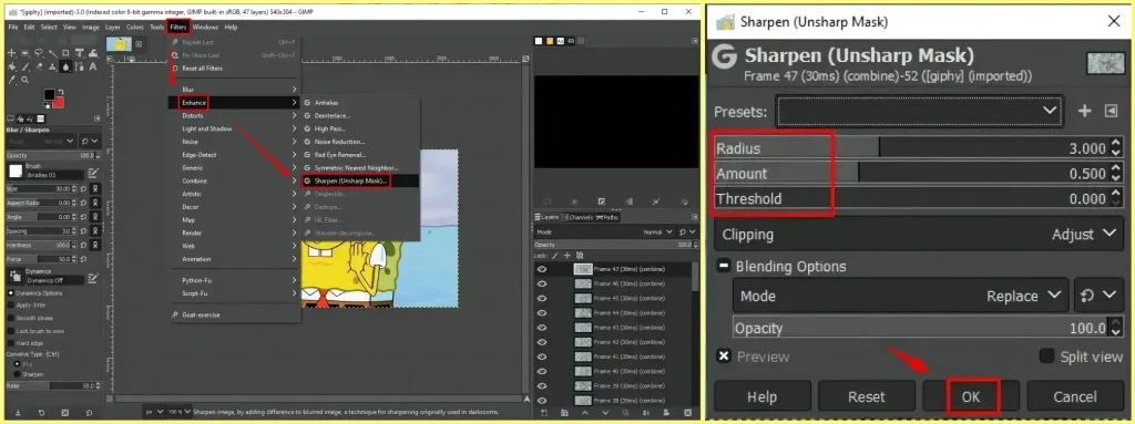 how to sharpen a gif in gimp using sharpen filter