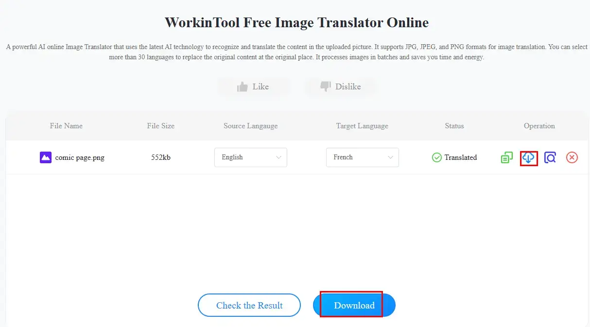 how to translate a comic page online through workintool online image translator 2