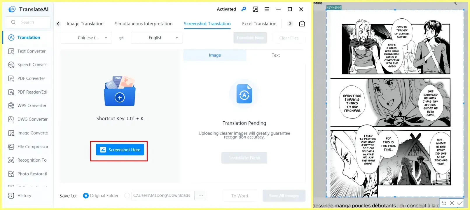 how to translate manga through a desktop app workintool translateai screenshot translation 1