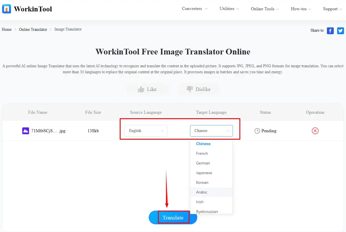 how to translate product descriptions using workintool online image translator