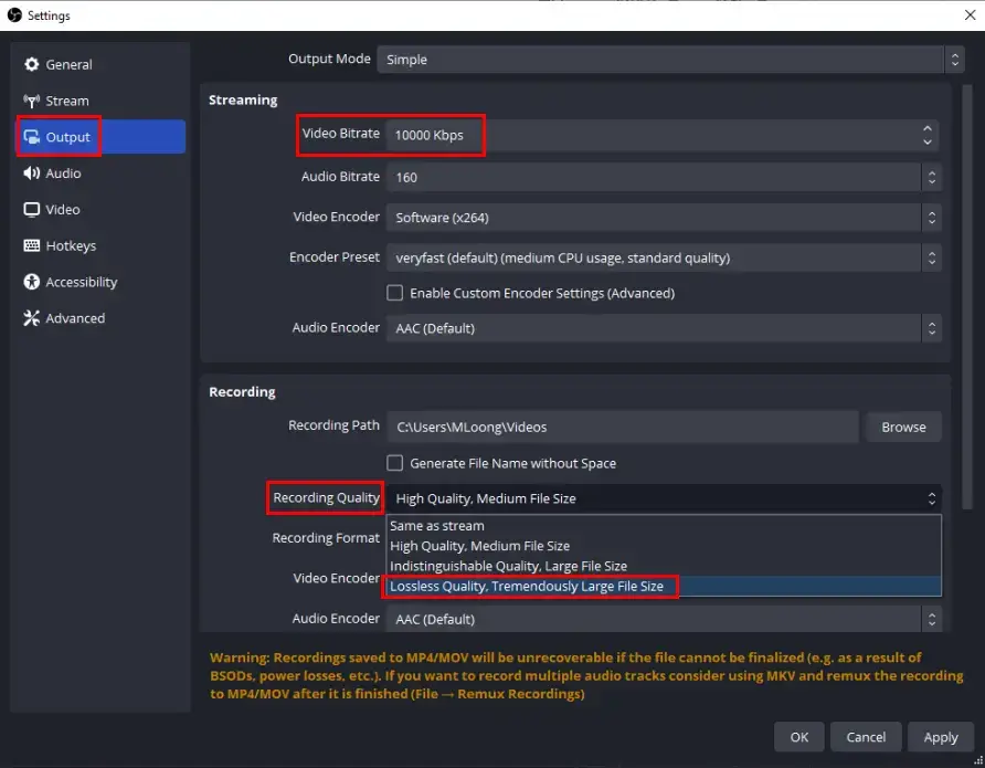 output settings in obs