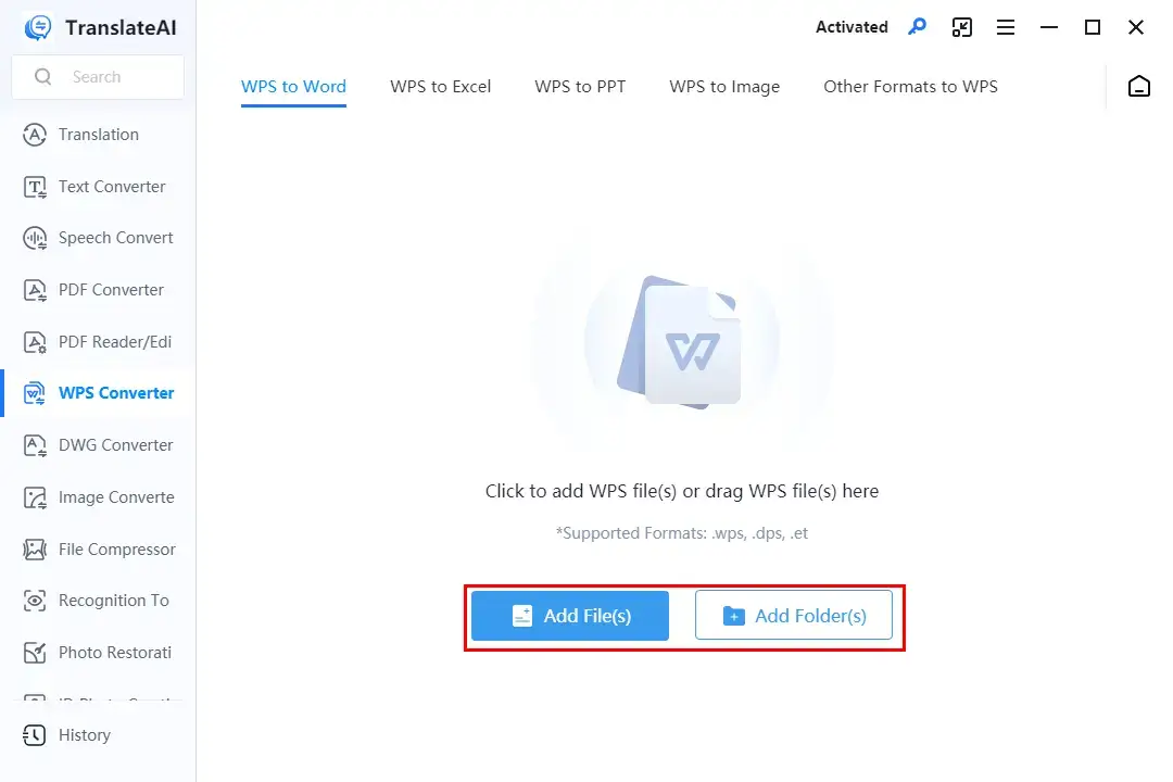 upload wps files to in wps to word of workintool translateai