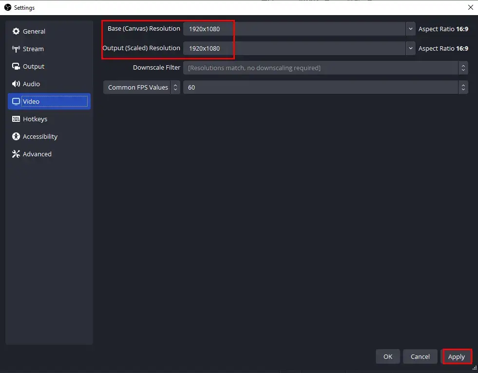 video settings in obs