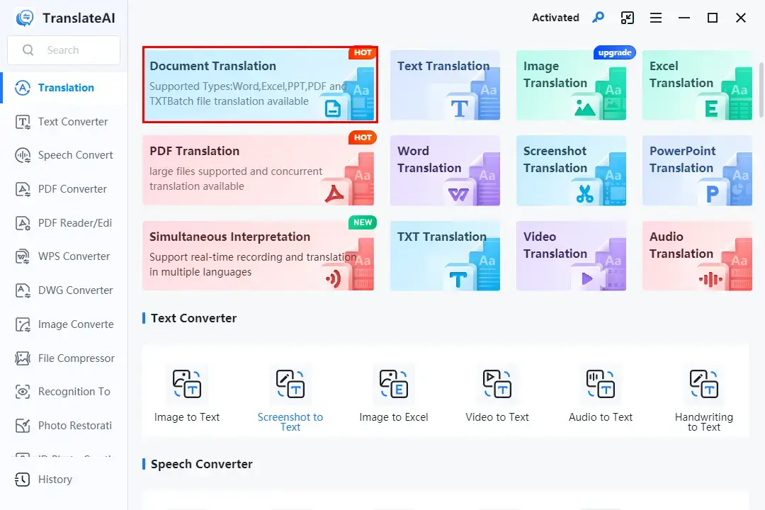 choose document translation in workintool translateai