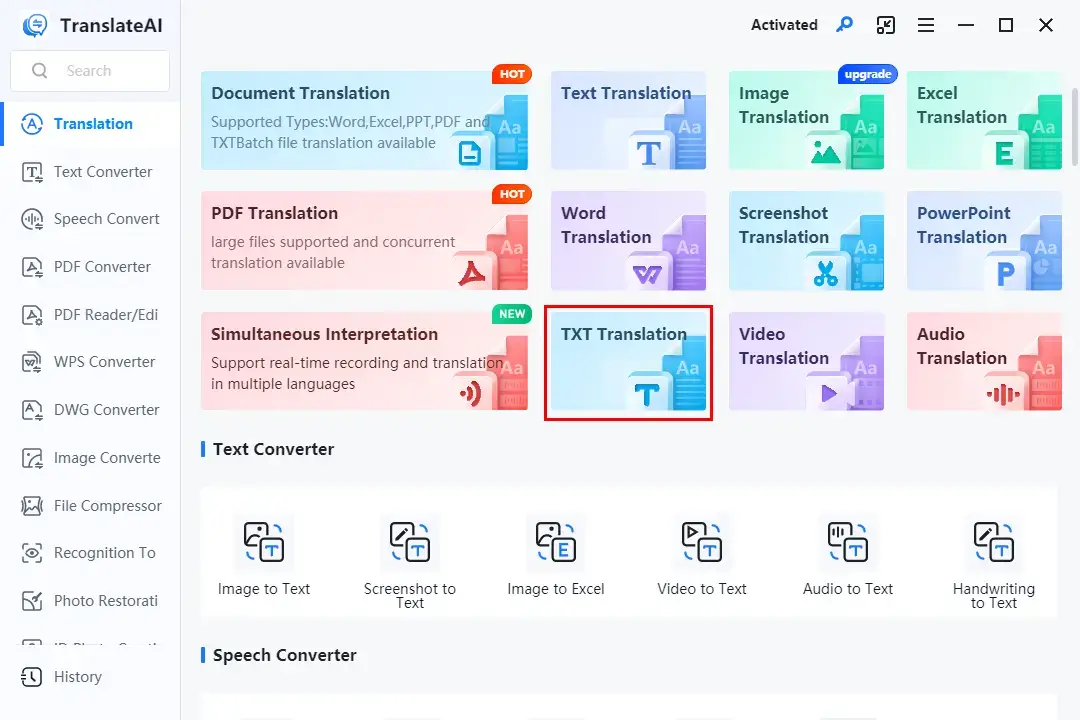 choose txt translation in workintool translateai