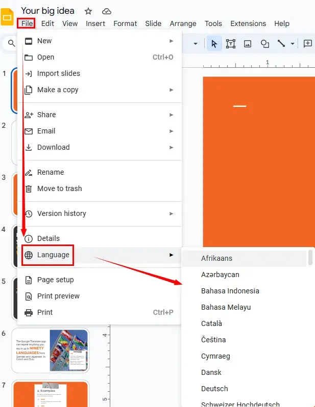 how to change the language in google slides