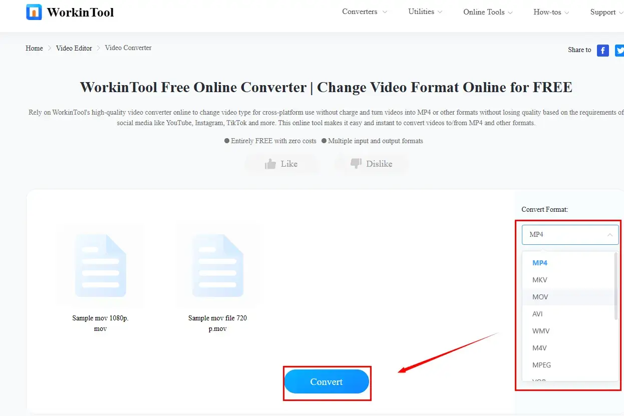 how to change video format online in workintool online video converter 2