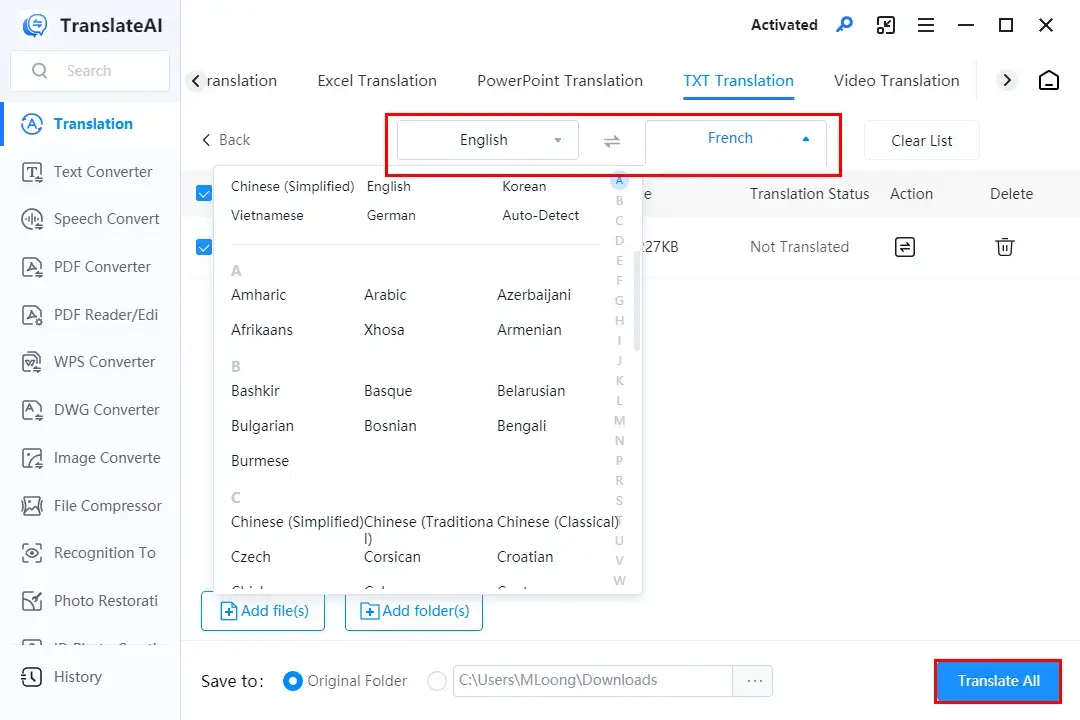 how to translate a txt file using workintool translateai 1