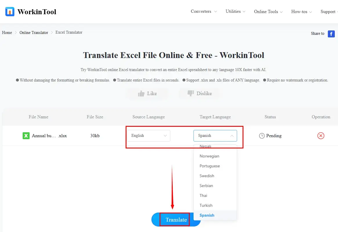 how to translate google sheets online with workintool online excel translator