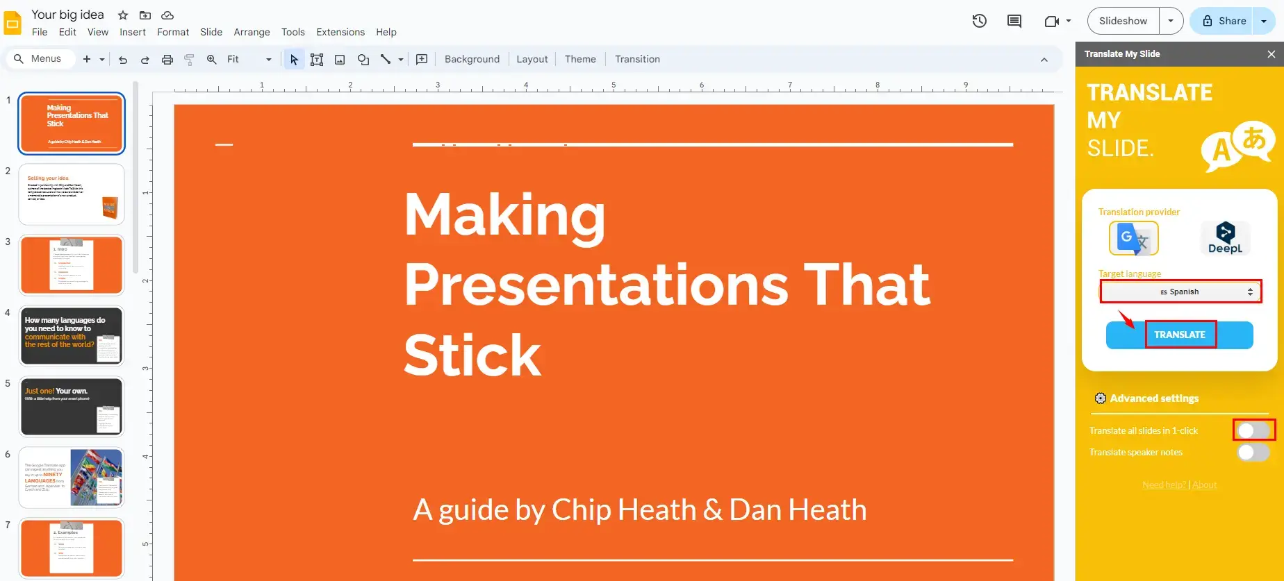how to translate google slides with translate my sildes add on 2