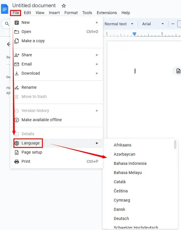 how to write in a different language in google docs