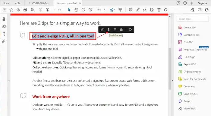 underline text in pdf adobe