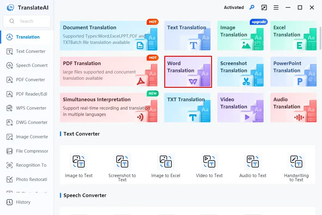 choose word translation in workintool translateai