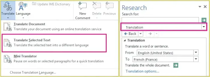 how to translate a whole word document to spanish with built in translation feature selected text