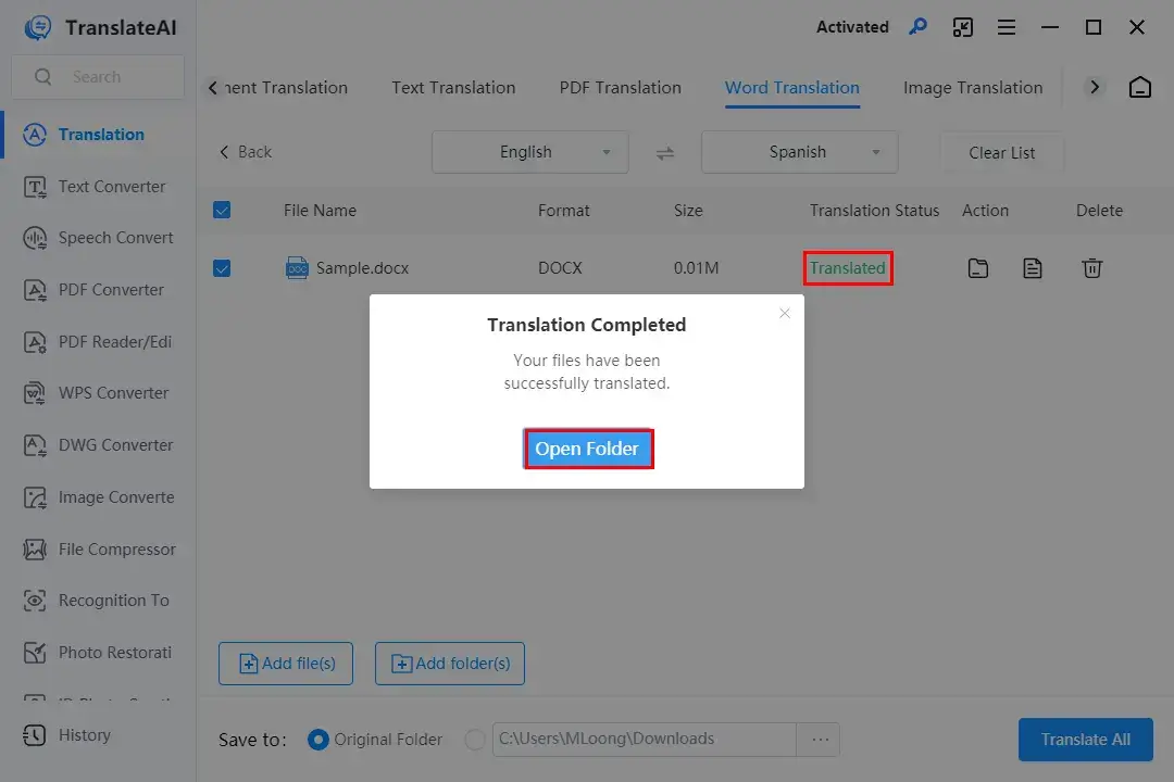 how to translate a word document to spanish in workintool translateai 2