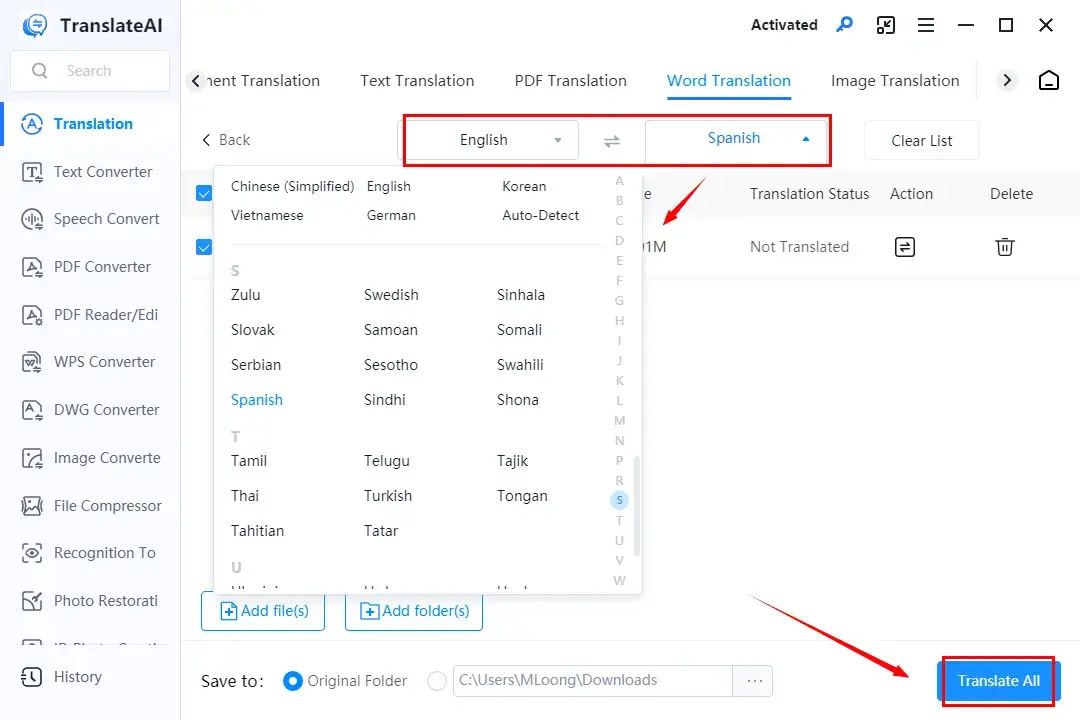 how to translate a word document to spanish in workintool translateai