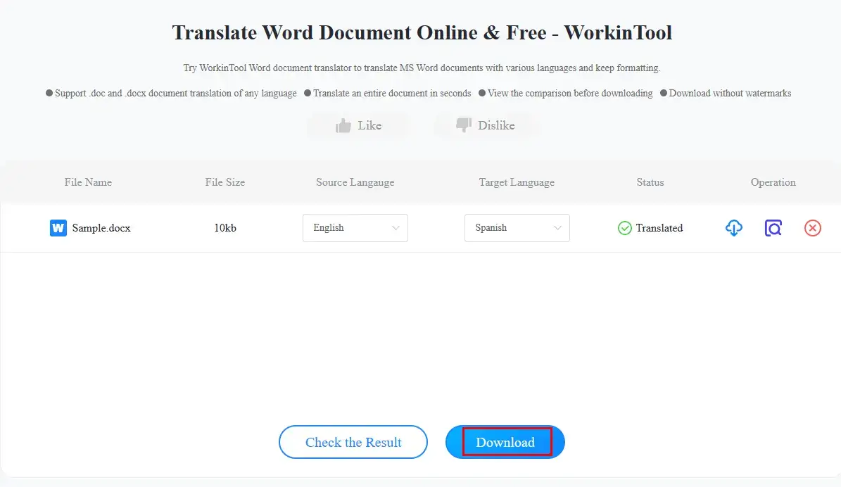 how to translate a word document to spanish online in workintool online word translator 2