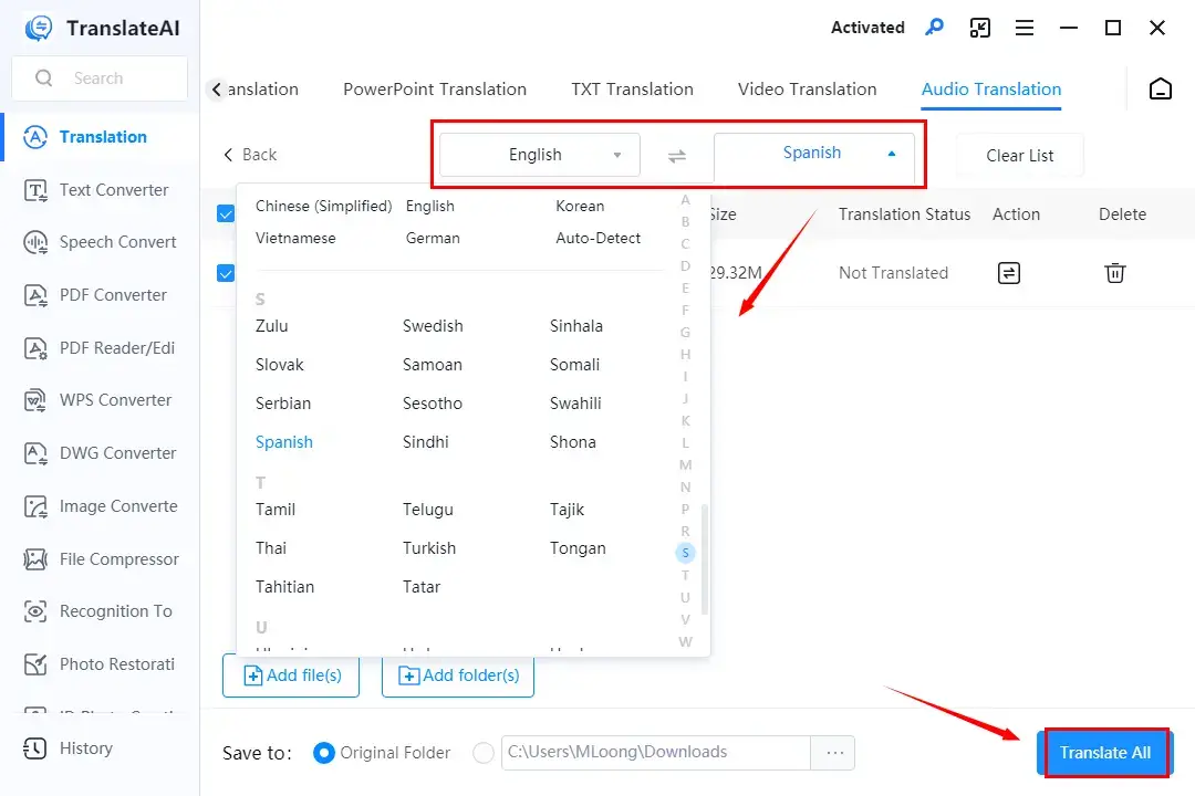 how to translate audio in workintool translateai