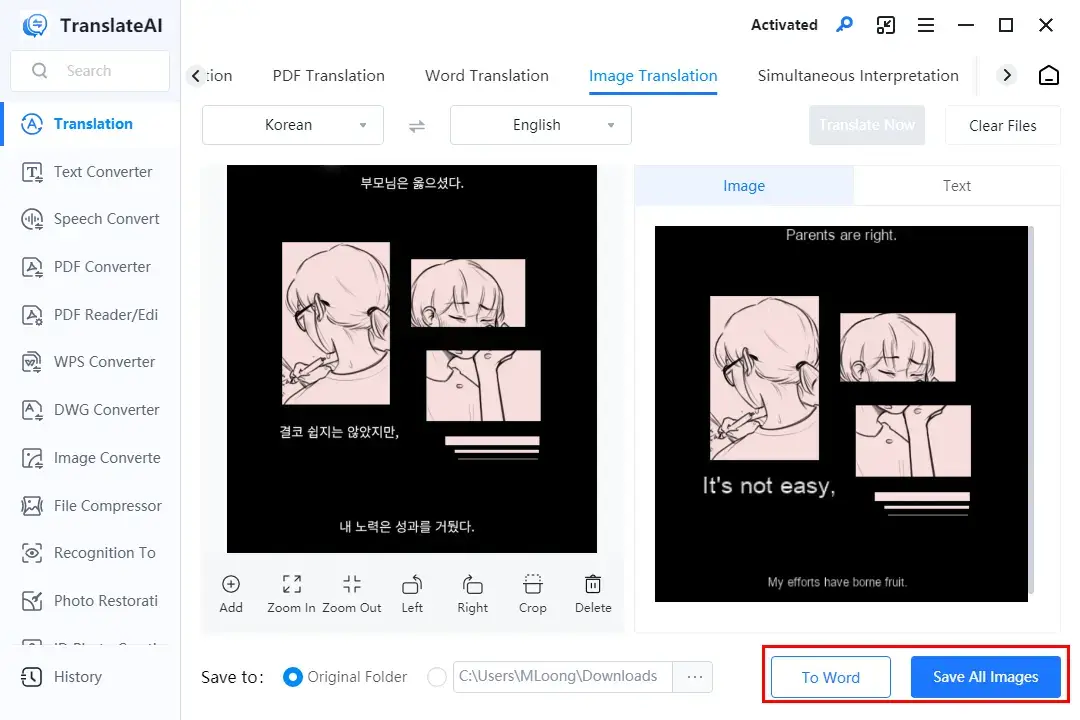 how to translate korean manhwa in workintool translateai 2
