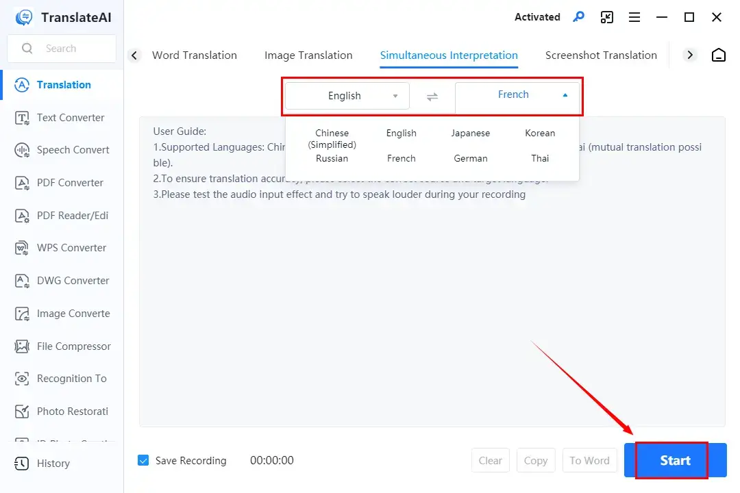 how to translate live audio in workintool translateai simultaneous interpretation 