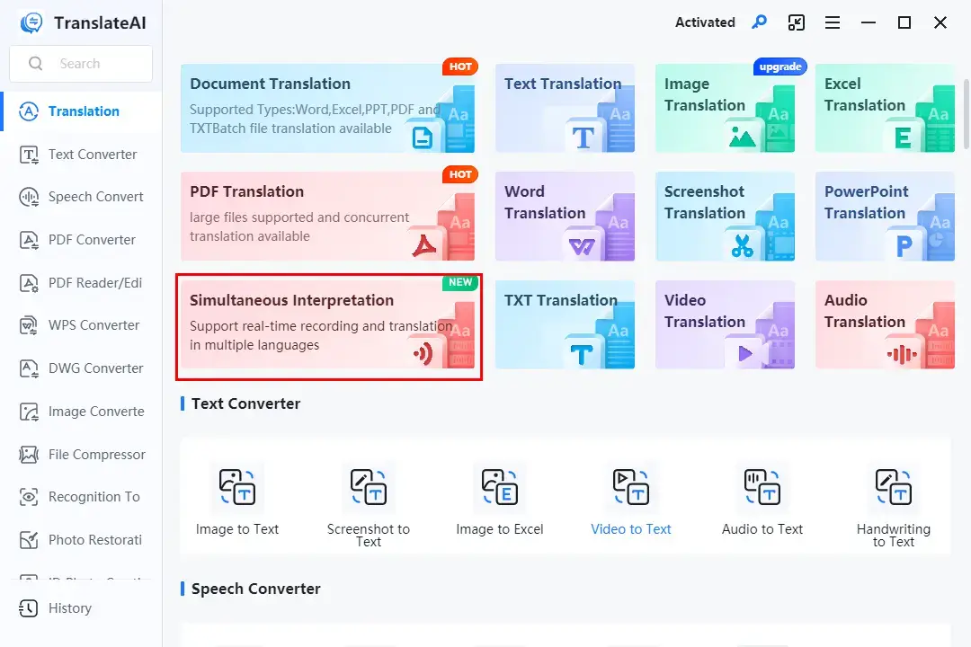 choose simultaneous interpretation in workintool translateai