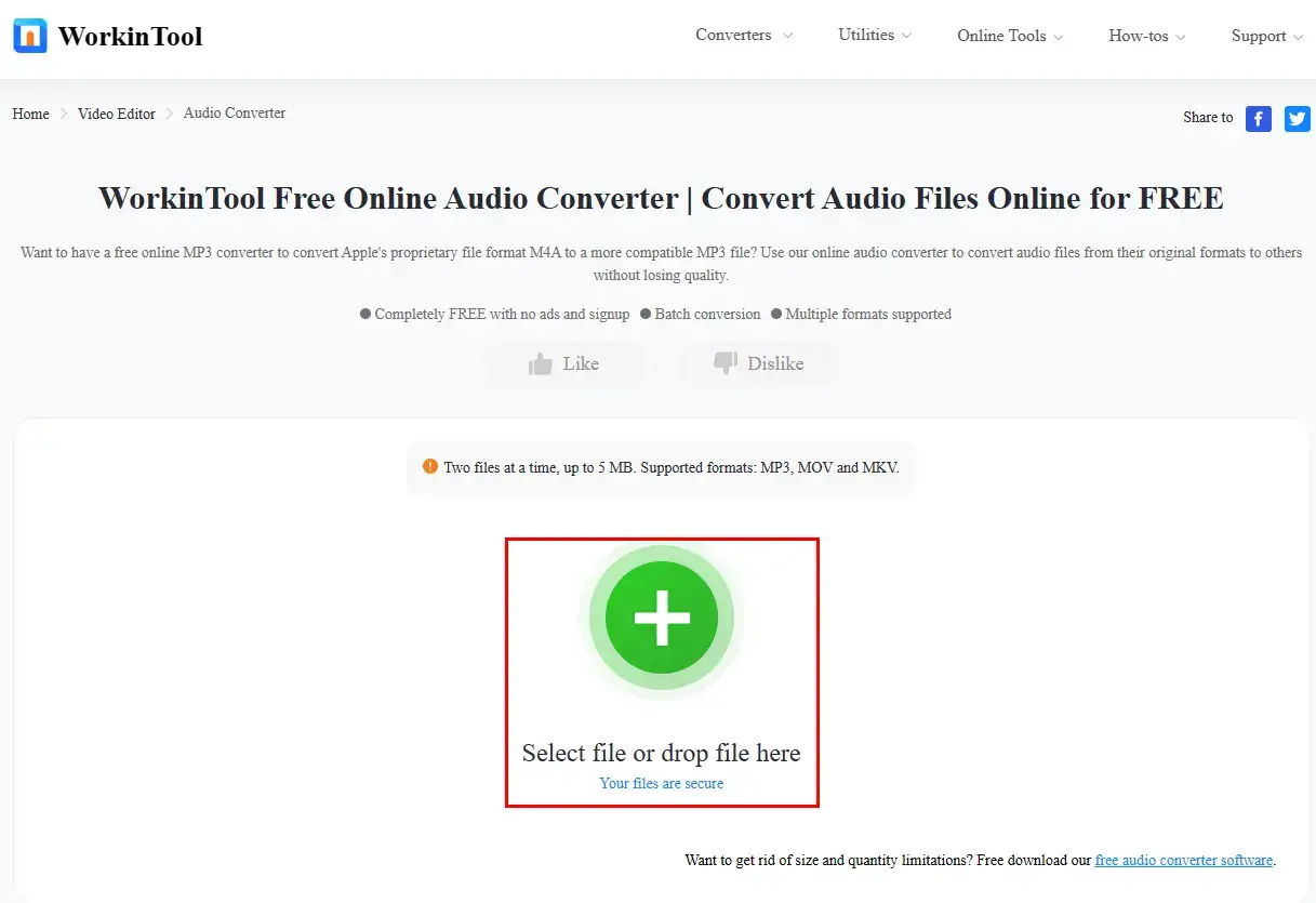 upload audio files to workintool online audio converter