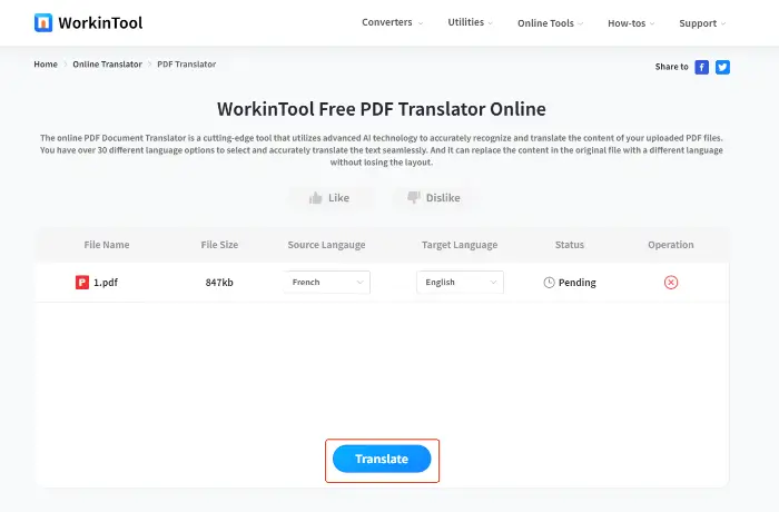 WorkinTool Online PDF Translator (step 4)